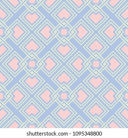 Geometric seamless pattern. Pale blue background with beige and pink elements for wallpapers, textile and fabrics