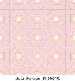 Geometric seamless pattern. Pale pink background with blue and beige elements for wallpapers, textile and fabrics