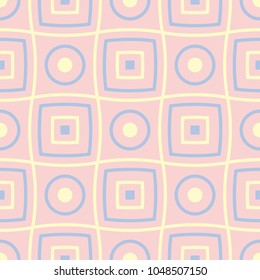 Geometric seamless pattern. Pale pink background with blue and beige elements for wallpapers, textile and fabrics
