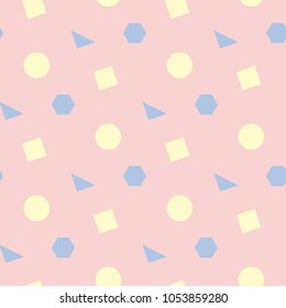 Geometric seamless pattern. Pale pink background with blue and beige elements for wallpapers, textile and fabrics