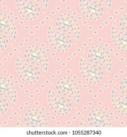 Geometric seamless pattern. Pale pink background with blue and beige elements for wallpapers, textile and fabrics