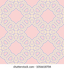 Geometric seamless pattern. Pale pink background with blue and beige elements for wallpapers, textile and fabrics