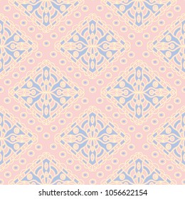 Geometric seamless pattern. Pale pink background with blue and beige elements for wallpapers, textile and fabrics