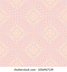 Geometric seamless pattern. Pale pink background with blue and beige elements for wallpapers, textile and fabrics