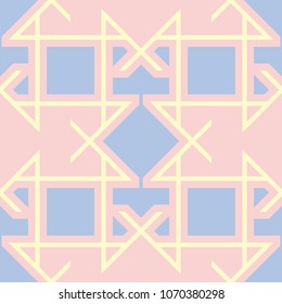 Geometric seamless pattern. Pale pink background with blue and beige elements for wallpapers, textile and fabrics