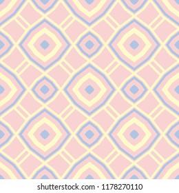 Geometric seamless pattern. Pale pink background with blue and beige elements for wallpapers, textile and fabrics