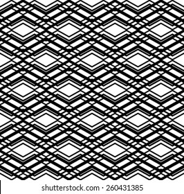 Geometric seamless pattern with parallel lines and geometric elements, infinite grunge monochrome textile, abstract vector textured covering. Intertwine black and white illustration.