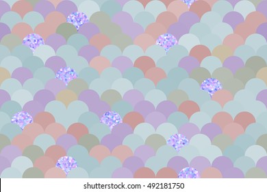 Geometric seamless pattern, pastel color and glitter hologram circles. Abstract vintage print squama, fish scale background, cards template, invitation, wedding, New Year, Christmas, vector EPS8