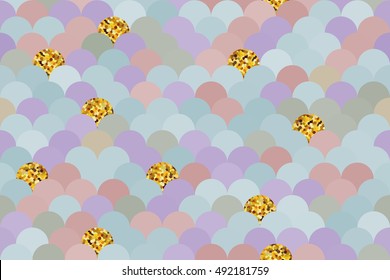 Geometric seamless pattern, pastel color and glitter gold circles. Abstract vintage print squama, fish scale background, cards template, invitation, wedding, New Year, Christmas, vector EPS8