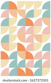 Geometric seamless pattern with pastel half circles and squares in orange, yellow, pink, and teal on white background