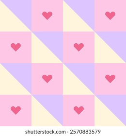 Geometric seamless pattern in pastel tones with small hearts in retro style. Checkered vector background with modular triangles and little hearts in pastel pink, yellow, and purple shades