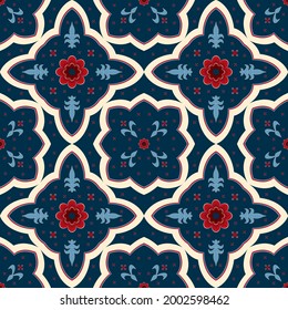 Geometric seamless pattern. Geometric Seamless patchwork tile. Design for fabric, wallpaper, background, carpet, clothing, mosaic tile. Tribal ethnic vector texture. Vector illustration. 