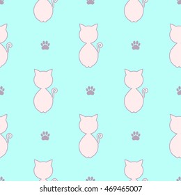Geometric seamless pattern of pink cat on the light blue background.