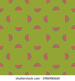 Patrón geométrico sin soldadura con ornamento de sandía de doodle rosado. Fondo verde pastel. Impresión simple. Impresión vectorial plana para textiles, tela, giftwrap, papel pintado. Ilustración sin fin.