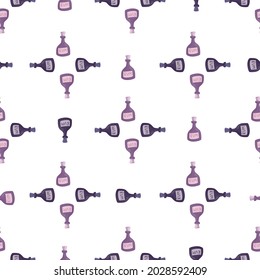 Geometric seamless pattern with pink and purple rum bottles print. Designed for fabric design, textile print, wrapping, cover. Vector illustration.