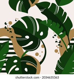 Geometric seamless pattern with plants. Monstera and palm. Vector flat illustration. Background. Patern with leaves and abstract spots, stripes.