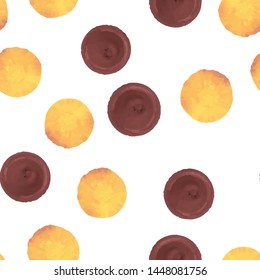 Geometric Seamless pattern Polka yellow and chocolate color. Perfect for your design, textile, pattern fills, box, posters, cards, web page background etc. Pattern under the mask. Vector.