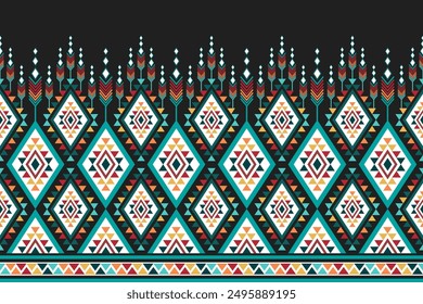 Geometric seamless pattern with a prominent use of diamond shapes. Colorful diamonds in shades of turquoise, orange, red, and white, arranged in a repetitive sequence.