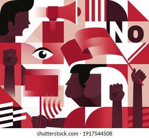 Geometric Seamless Pattern With  Protesters People. Revolution, Conflict Or Protest Concept. Anti-racism Message. Stop Racism. Vector Illustration