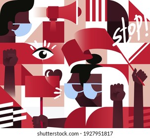 Geometric Seamless Pattern with  Protesters People. Revolution, Conflict or Protest Concept. Anti-racism message. Stop racism. Vector illustration