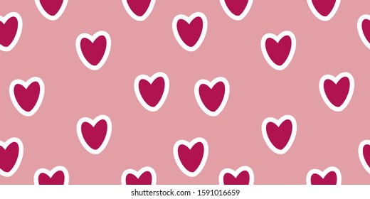 Geometric seamless pattern, purple hearts on a pink background, vector. Suitable for holiday packaging for Valentine's Day, cards, banners, textiles, printing on bags.