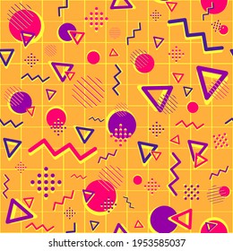 Geometric seamless pattern with purple and magenta shapes. Repetitive psychedelic and funky background with circles, triangles and zigzag lines. Creative business wallpaper for websites.