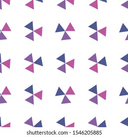 Geometric seamless pattern with purple and pink repeatable triangles on the white background. Modern vector ornament for banners, posters, cards, textile, wrapping paper, packaging