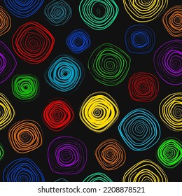 Geometric seamless pattern with rainbow spiral circles one line. Retro 80s background. Vector