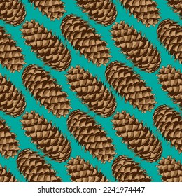 
 Geometrisches nahtloses Muster mit realistischen braunen Tannenkegeln auf türkisem Hintergrund. Vektordesign.

