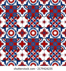 Geometric seamless pattern. Red and blue abstract background. Moroccan tiles.