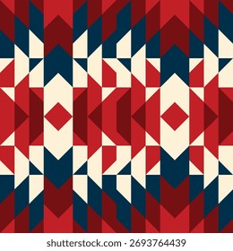 Geometric seamless pattern with red, blue, and cream colors in a traditional quilt block design