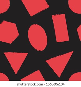 Geometric seamless pattern with red differents grunge shapes on black background. Vector illustration