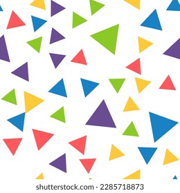 Geometric seamless pattern of red, green, yellow, blue, purple triangles for textile, paper and other surfaces