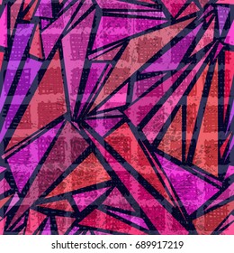 Geometric seamless pattern in red and pink tones. Different triangles on a dark blue background, vector illustration.