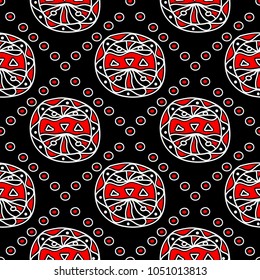 Geometric seamless pattern. Red and white elements on black background for wallpapers, textile and fabrics