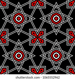 Geometric seamless pattern. Red and white elements on black background for wallpapers, textile and fabrics