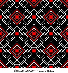Geometric seamless pattern. Red and white elements on black background for wallpapers, textile and fabrics