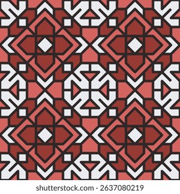 Geometric Seamless Pattern with Red and White Colors Traditional Ornament