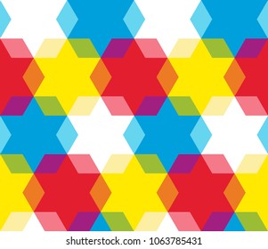 Geometric seamless pattern: Red, Yellow, Blue and White hexagons