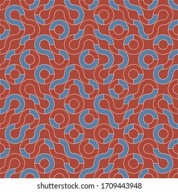 Geometric seamless pattern. Regular Truchet vector repeat background. Blue and red shapes with white strokes on red background. 