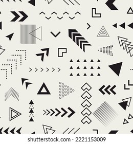 Geometric seamless pattern. Repeated abstract arrow background. Modern triangle gray texture. Repeating contemporary geometry design for prints. Repeat black and white patern. Vector illustration