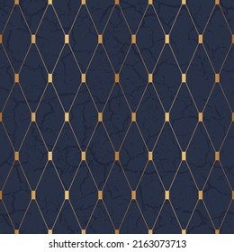 Geometric Seamless Pattern. Repeated Luxury Gold Background. Blue Geometry Patern. Abstract Marble Effect. Printed Paper. Repeating Texture For Design Prints. Repeat Printing. Vector Illustration