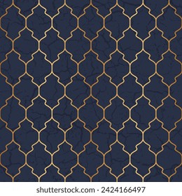 Geometric seamless pattern. Repeated luxury gold background. Blue geometry patern. Abstract marble effect. Printed paper. Repeating texture for design prints. Moroccan printing. Vector illustration