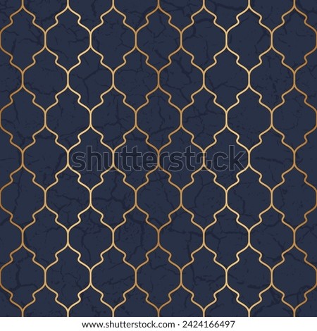Geometric seamless pattern. Repeated luxury gold background. Blue geometry patern. Abstract marble effect. Printed paper. Repeating texture for design prints. Moroccan printing. Vector illustration