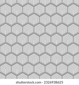 Geometric seamless pattern. Repeating hexagon lattice. Repeated black line isolated on white background. Modern honey design for prints. Repeat contemporary texture. Plexus comb. Vector illustration