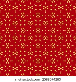 Geometric seamless pattern. Repeating shapes. Red background. Yellow motifs. Symmetrical design. Ornate details. Intricate lines. Vintage style. Decorative art. Textile design.