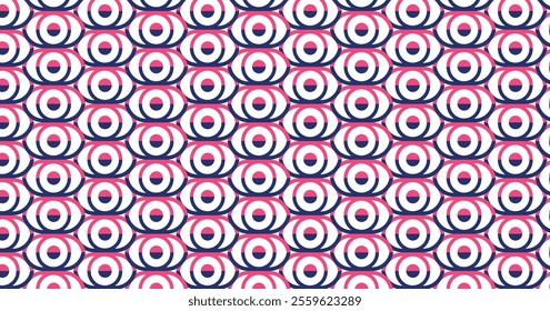 geometric seamless pattern with repetitive circular or oval shapes that form an abstract, eye-like or concentric effect. The colors include a combination of pink, navy blue, and white.