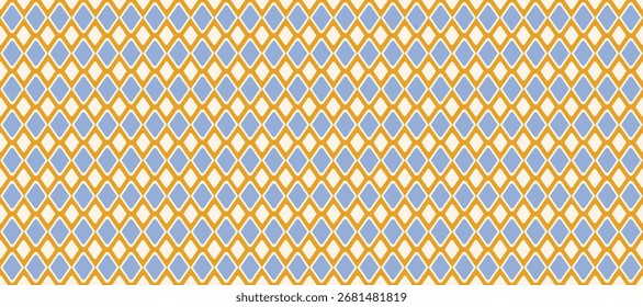 Un patrón geométrico sin fisuras con retícula retro de diamantes entrelazados de color amarillo mostaza y azul arruga sobre un fondo beige suave. Ideal para embalaje, textiles, Fondo de pantalla y papel de embalaje.