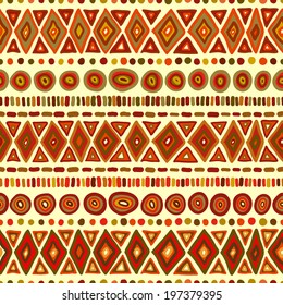 Geometric seamless pattern in retro style. Triangles, circles, stripes. Painted. vector