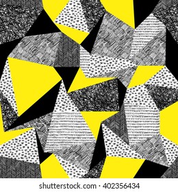 Geometrisches nahtloses Muster im Retro-Stil. Vintage-Hintergrund.Dreiecke und handgezeichnete Muster